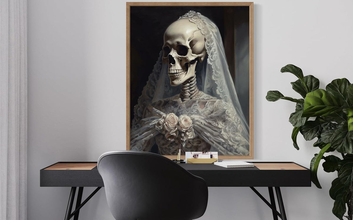 Skull Gown Poster Art Print, Halloween Scary Vintage Wall Art Academia Spooky Painting Decoration for Horror Prints, Gothic Posters Bedroom Decor 89 (Skull Gown, 11 x 14 inches, Wood Frame)
