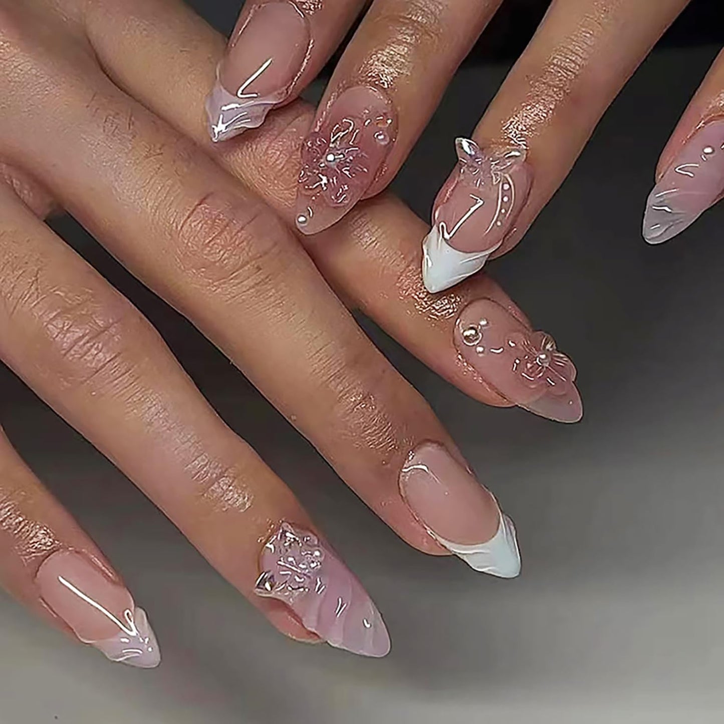 24Pcs Pink Almond Press on Nails Medium Fake Nails Glossy Reusable False Nail with 3D Flower Butterfly Design Artificial Acrylic Nail Press ons Spring Summer Flower Nails for Women DIY Nail
