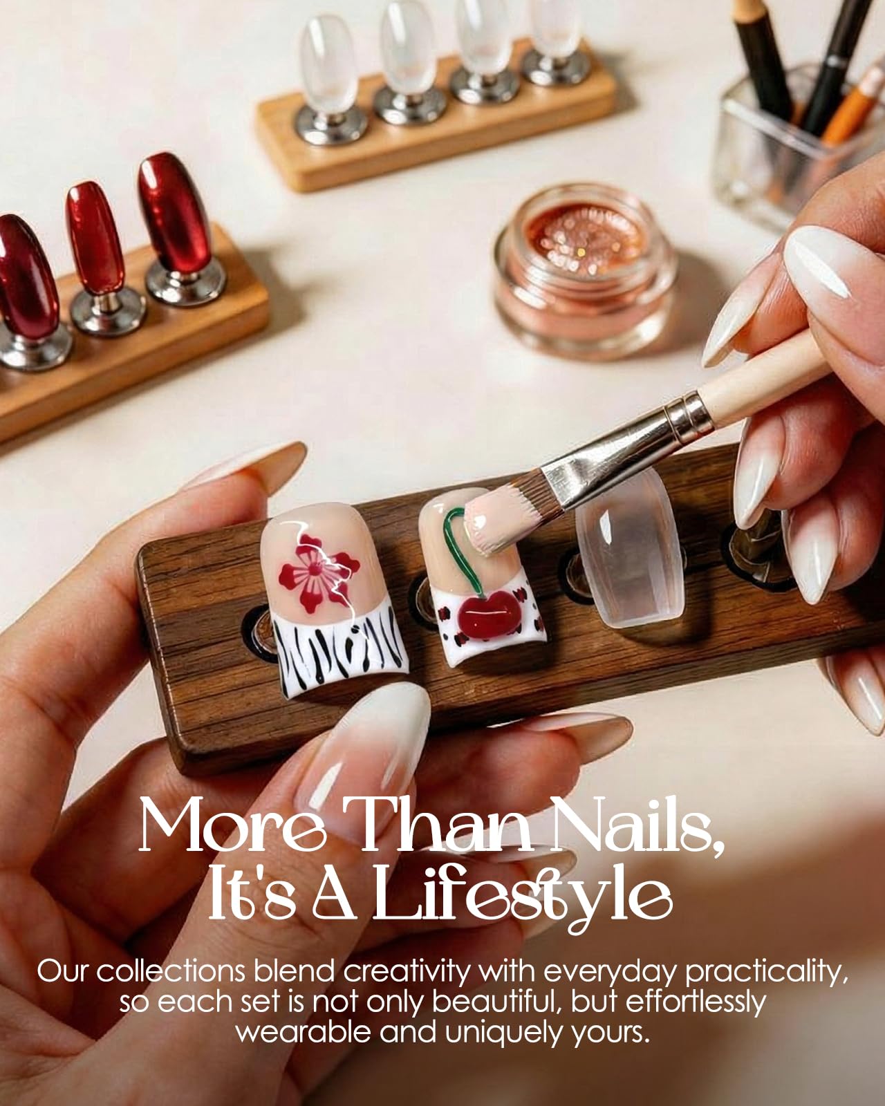 Buleens Handmade Press on Nails Acrylic Duck Nails-10pcs Short Playful Y2K Cherry Zebra 3D Fake Nails Kits with Glue