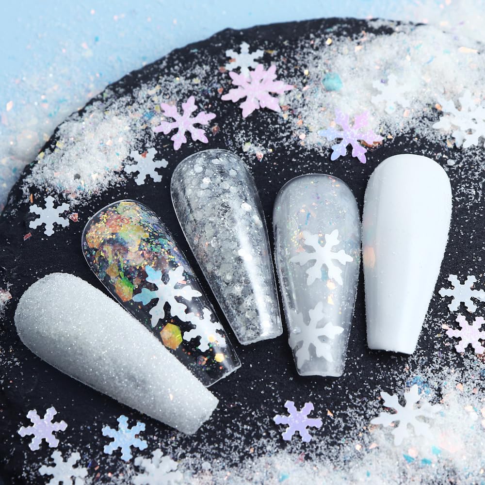 White Christmas Nail Art Glitters Winter Snowflake Nail Sequins, LPOODDNU 3D Holographic Christmas Snowflakes Nail Decals Winter Nail Art Decorations Accessories for Women Manicure DIY Craft