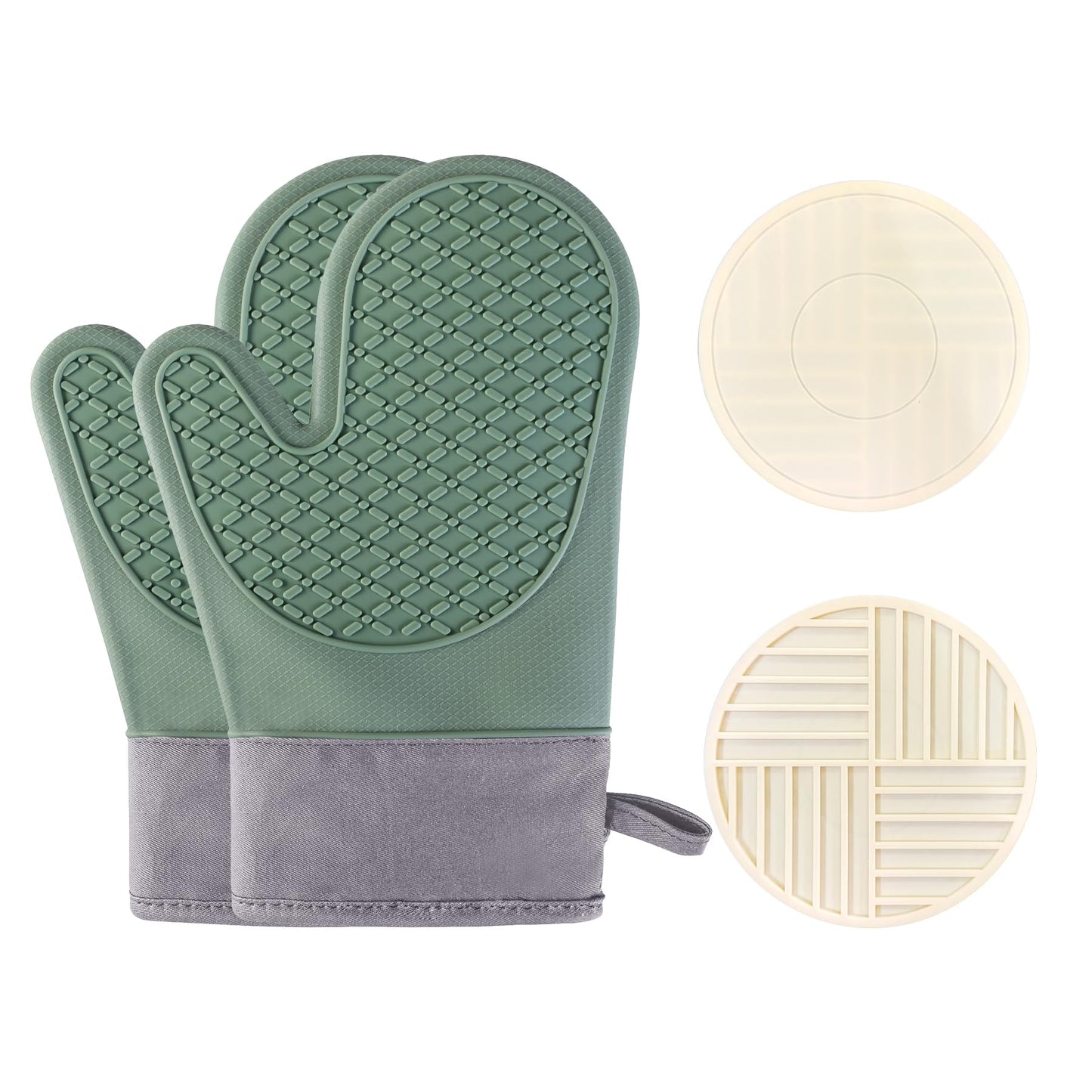 Silicone Heat-Resistant Gloves and Mats Set, Heat Resistant Up to 500°F, Soft Lined, Non-Slip, Kitchen Essentials, Kitchen Gadgets, Apartment Must-Haves, Cooking Gift（4-Piece）(Green)