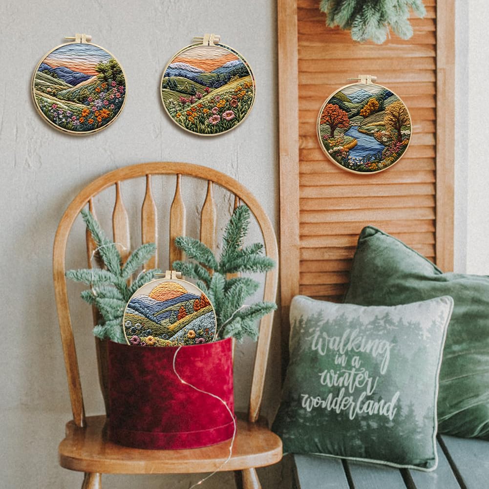 Eforcase Embroidery Starter Kit for Adult Beginner with Landscape Tree Mountain River Floral Nature Scenery Pattern Cross Stitch Hand Embroidery Set DIY Cross Stitch Kits with Hoops Needles Threads