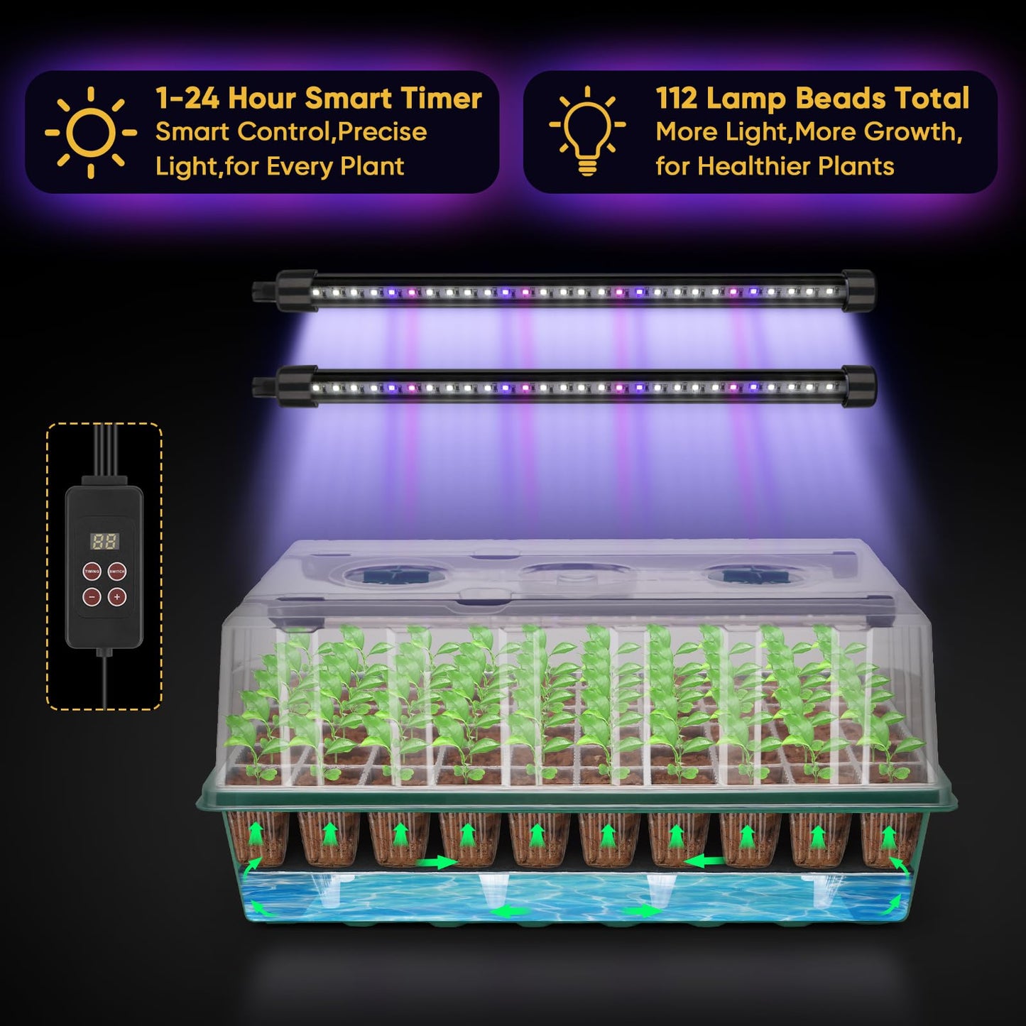 BlumWay 120-Cell Self-Watering Seed Starter Tray with Grow Light, 1-24H Timer, Seed Starter Kit with 4.02" Humidity Dome, Seedling Tray for Indoor Plant Starter, Plant Germination Trays-Green