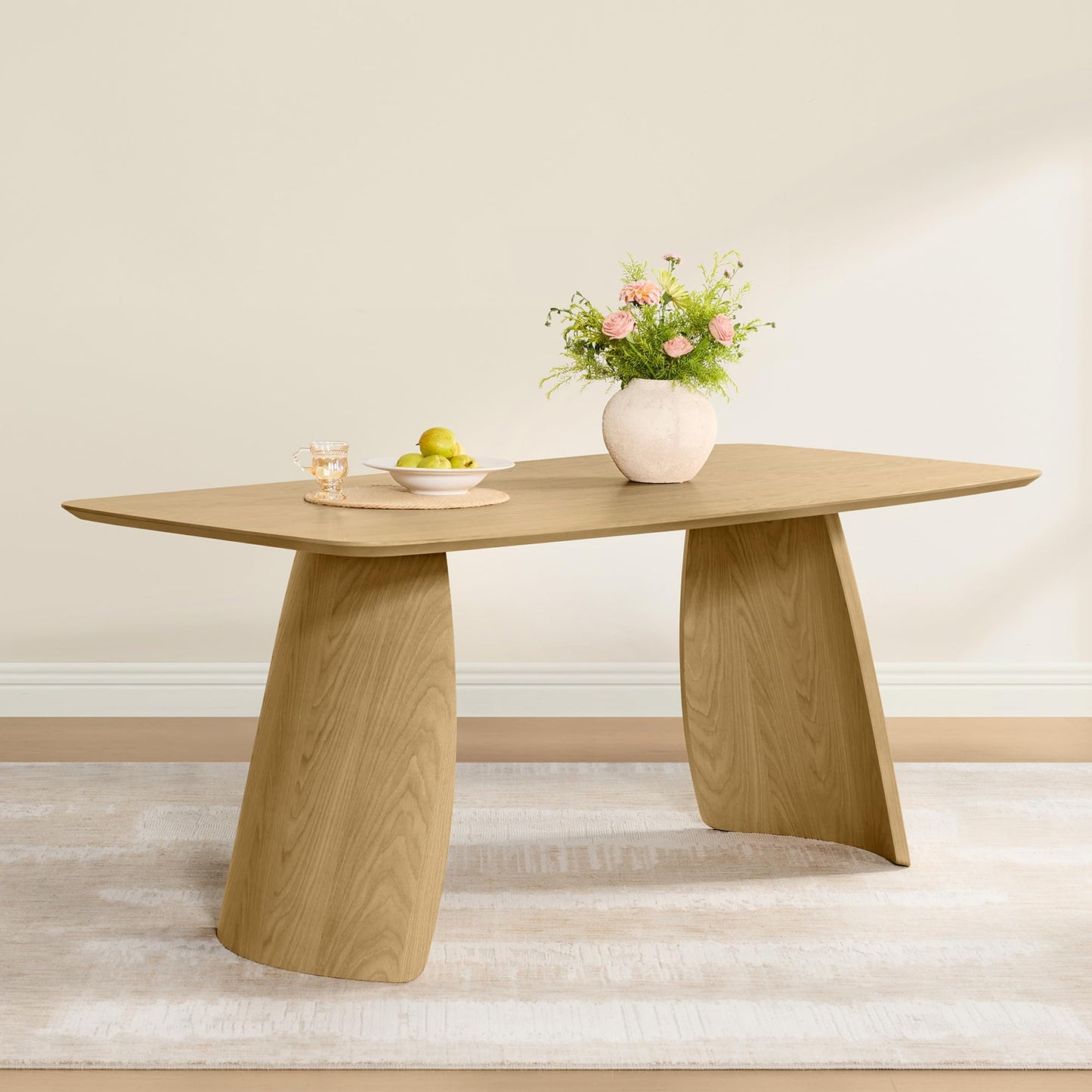 CHITA 71" Modern Dining Table for 6, Rectangle Wood Kitchen & Dining Room Table, Solid Rubberwood Frame, Bentwood Legs, Oak Venner