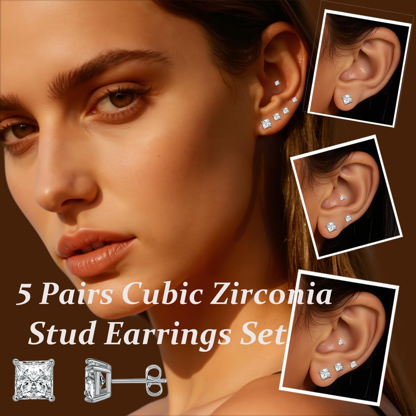 Gemsme 5 Pairs Princess Cut Cubic Zirconia Stud Earrings for Women/Men - 18K White Gold Plated Hypoallergenic 3-7mm Square Clear CZ Earring Set