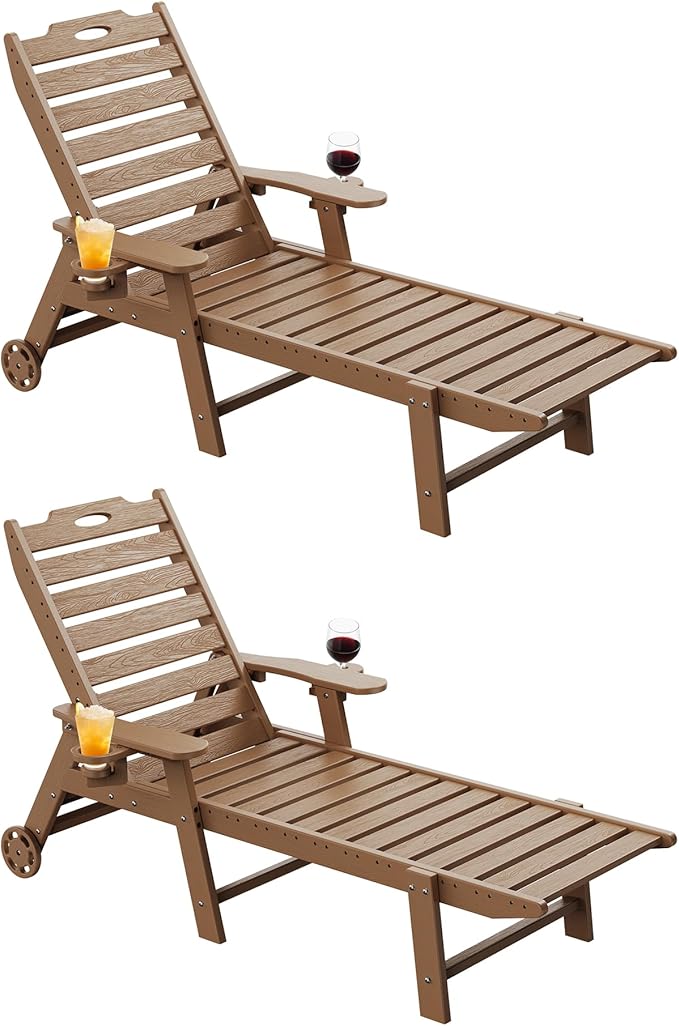 Carauci Lounge Chair Outdoor Set of 2, HDPE Chaise Lounge with Wheels, 5-Position Adjustable Backrest & 2 Cup Holders Patio Lounge Chair, All-Weather Pool Sun Lounger for Poolside, Backyard, Teak