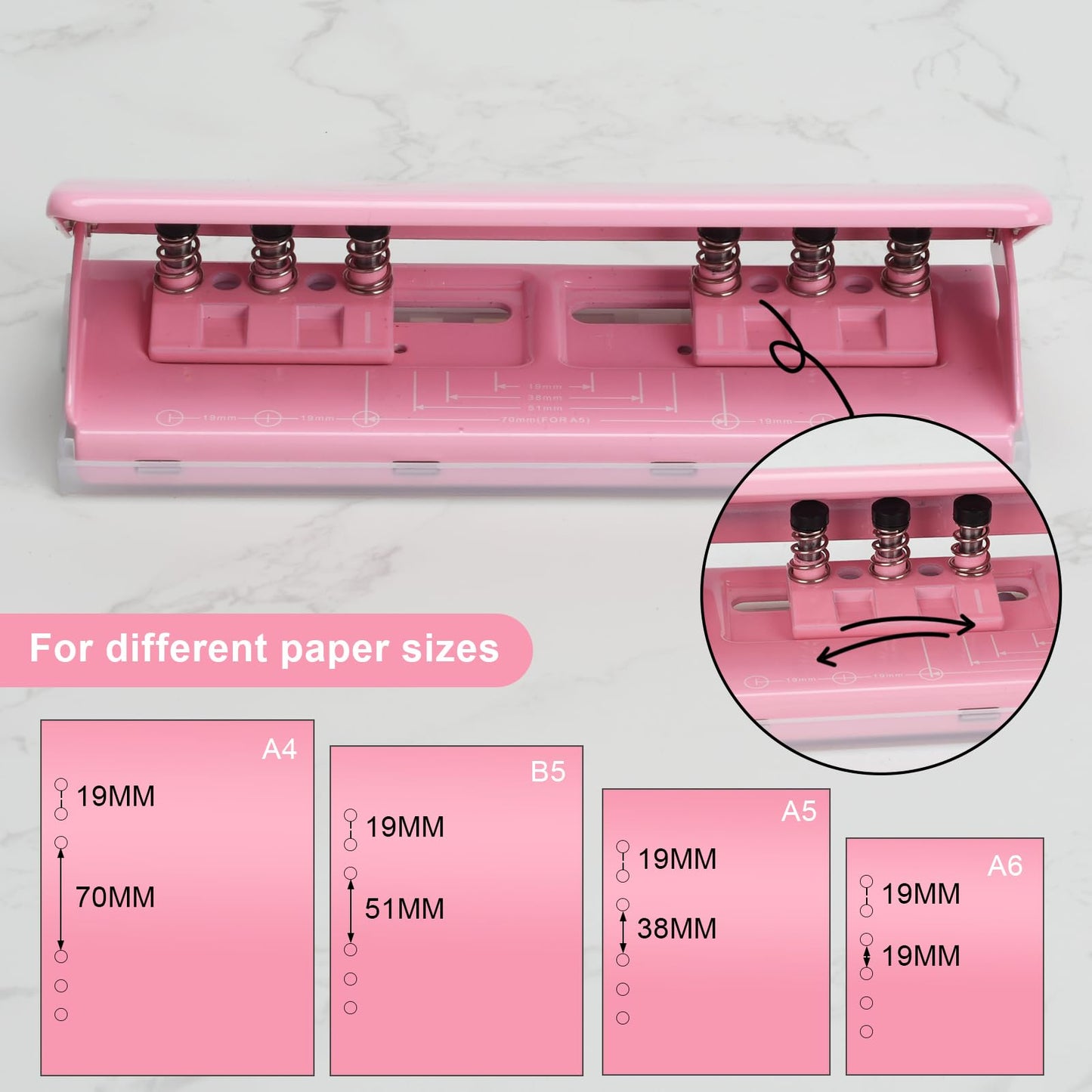 Adjustable 6-Hole Punch - Metal Hole Puncher for A4/A5/A6, Personal & Pocket Planners - 6-Ring Binder Puncher 6-Sheet Capacity, Non-Slip Base, with Ruler & Hole Guide (Pink)