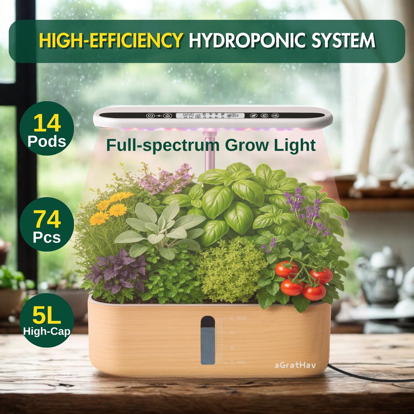 Hydroponics Growing System Kit, Indoor Herb Garden, 14 Pods Upgraded LCD Display, LED Grow Light Quiet Smart Water Pump Automatic Timer, Hydroponic Planter for Home Kitchen Office (White)