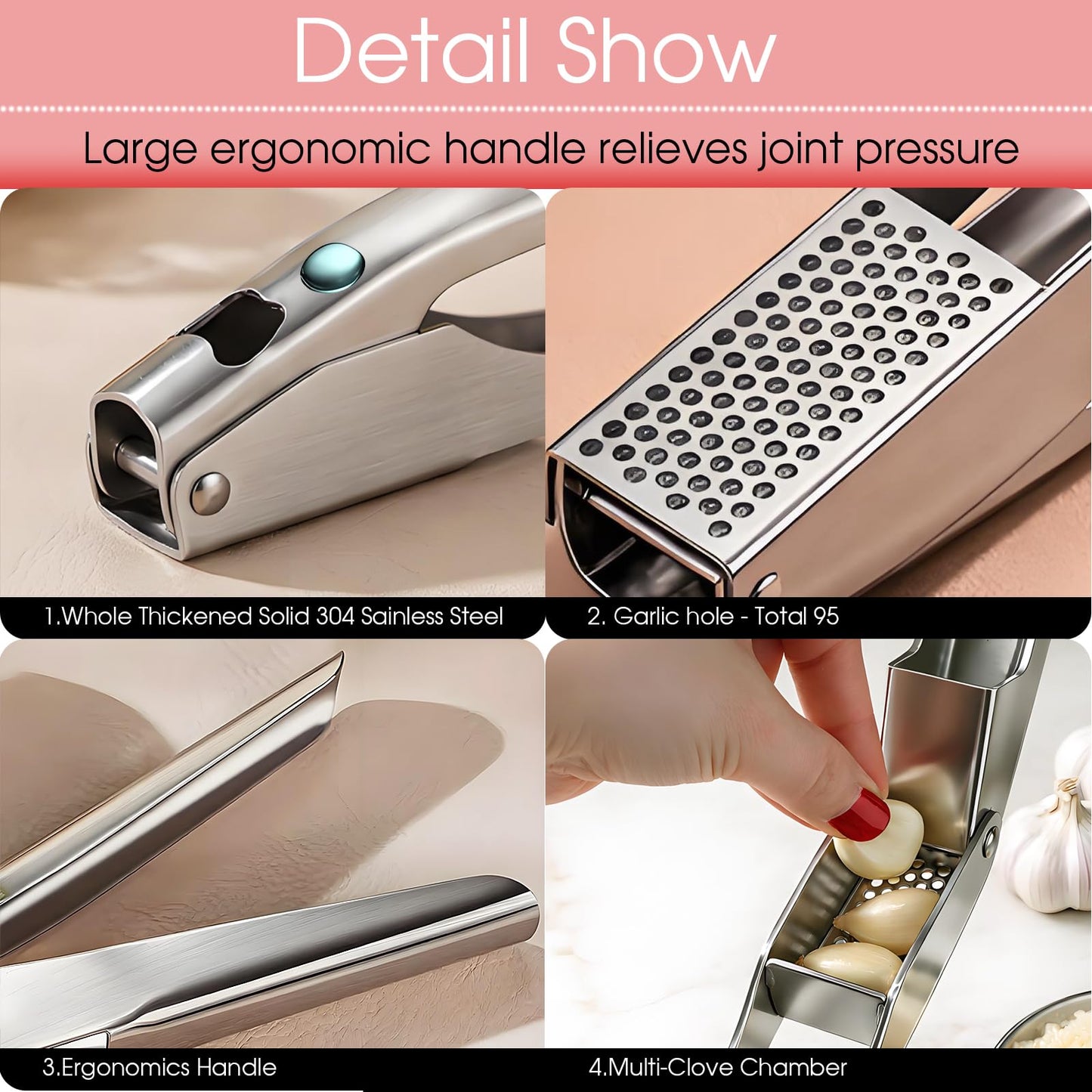 UOSLOR Garlic Press Heavy Duty Mincer and Peeler Set, Rust Proof 304 Stainless Steel Garlic Crusher, Easy-Squeeze Nut Ginger Chopper, Dishwasher Safe Kitchen Gadget