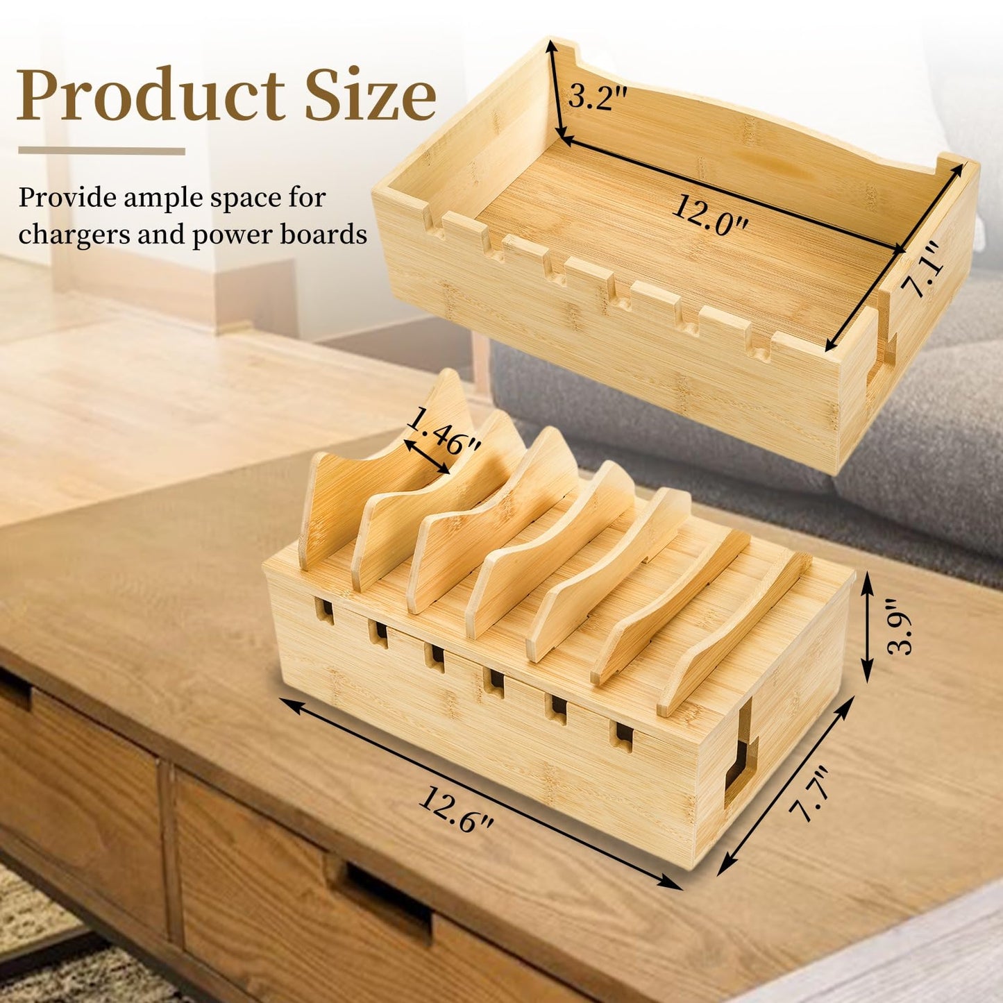 WRINGKIT Bamboo Charging Station for Multiple Devices, Desktop Charging Organizer with Removable Divider Slots, Docking Stations Stand for 6 Devices, Compatible with Tablets, iPads, Cell Phone, Laptop