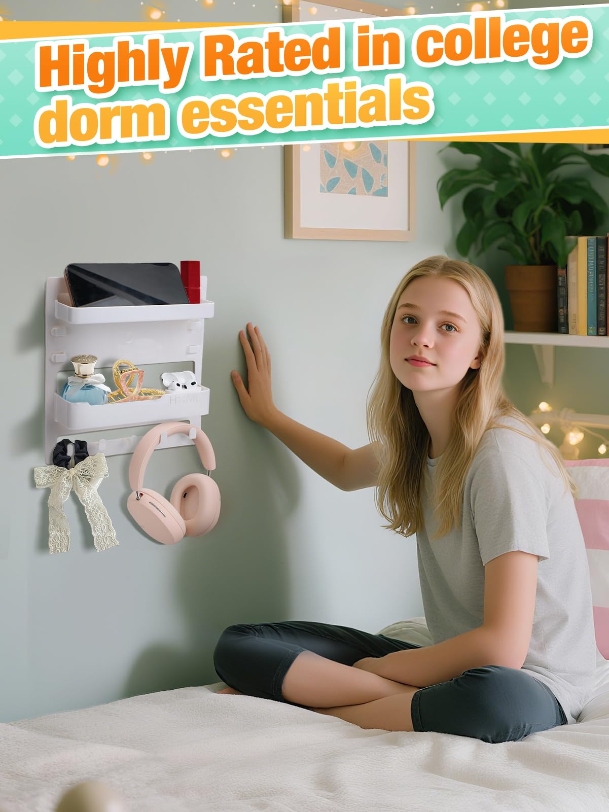 Bedside Wall Organizer Shelf for Bedroom Accessories - Adhesive Bedside Caddy Storage with Cable Clips, Teen Room Decor Essentials