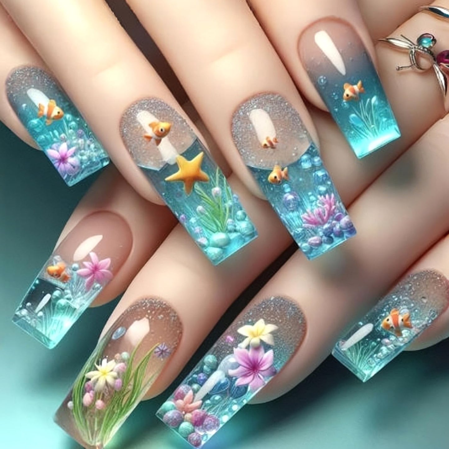 LOPMNGHT Flower Press on Nails Long Square Artificial Acrylic Fingernails Blue Ocean with Clown Fish Starfish Pattern Design Glossy Stick on Nail Full Cover Coffin Artificial Nails for Women 24Pcs