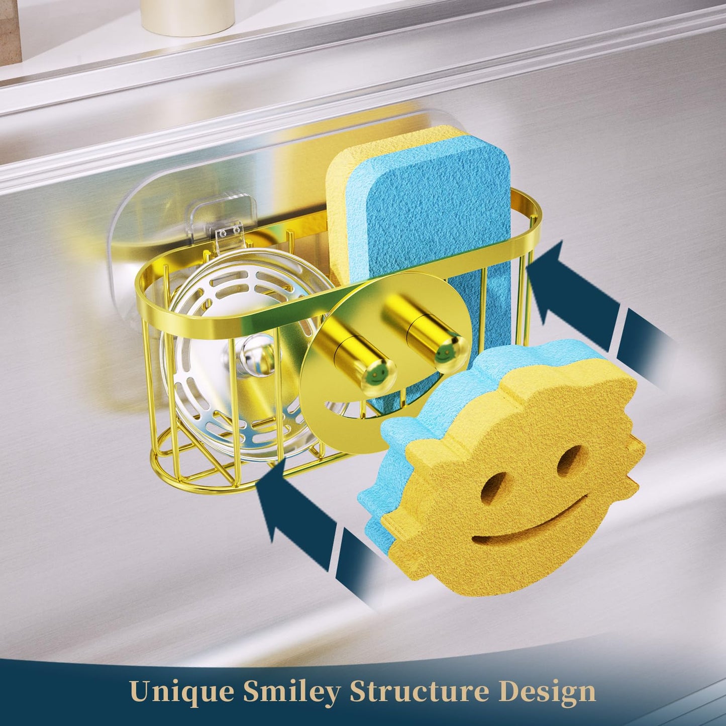 Consumest Sponge Holder Smiley Face - Kitchen Sink Caddy, Sink Organizer with Removable Suction Cups & Adhesive Strips, Suit for Sponge, Soap,Gold