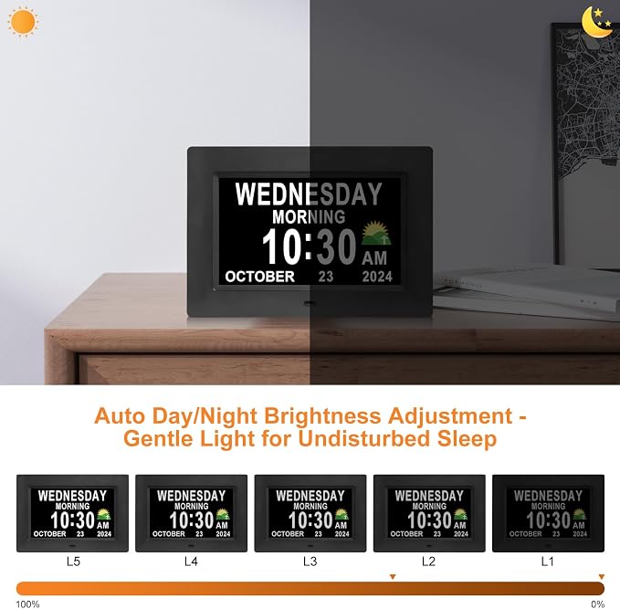 SSINI Digital Calendar Dementia Alarm Clock with Day and Date for Elderly - 15 Alarms 5 Colors Display Large Display Alzheimers Clock Large Digital Clock for Seniors (7in Black)