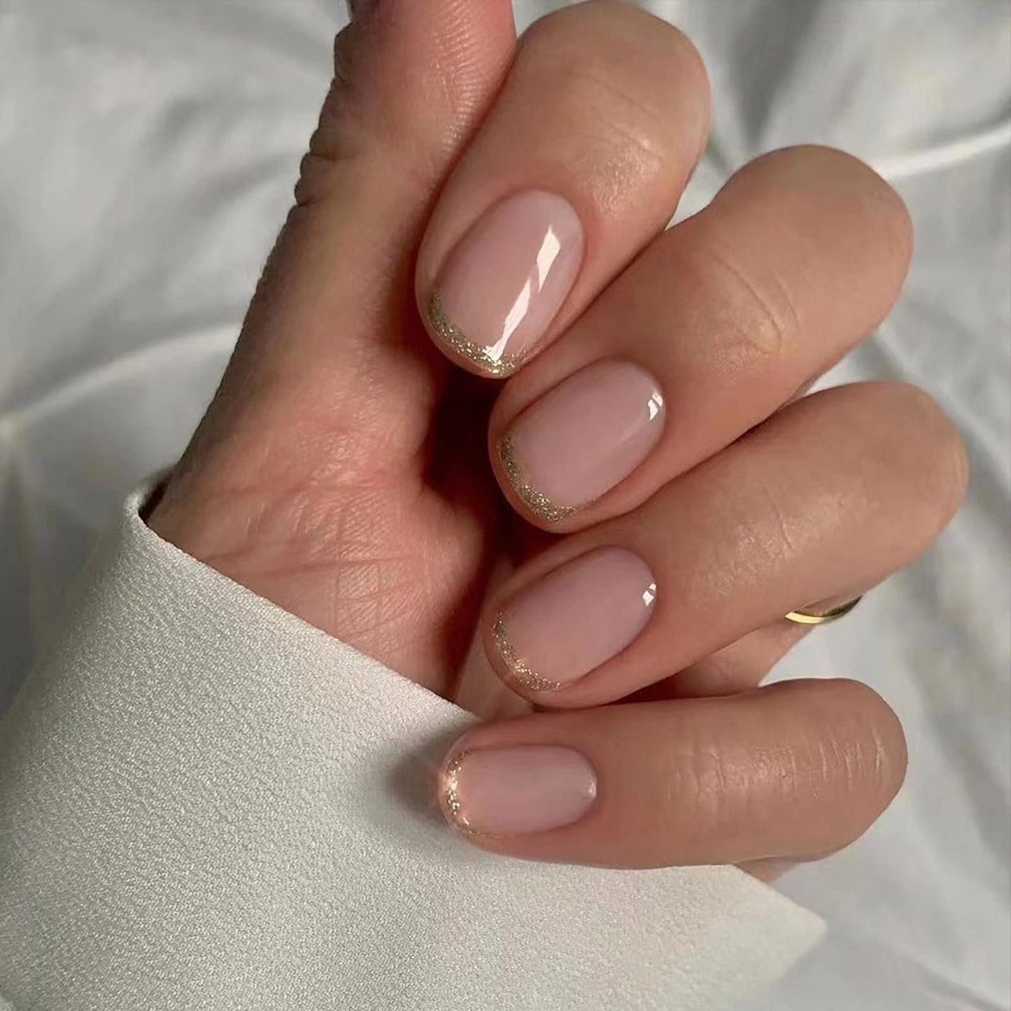 IMSOHOT Short Square Squoval Glossy Press on Nails, Nude Gold French Acrylic Nails for Women, 24PCS