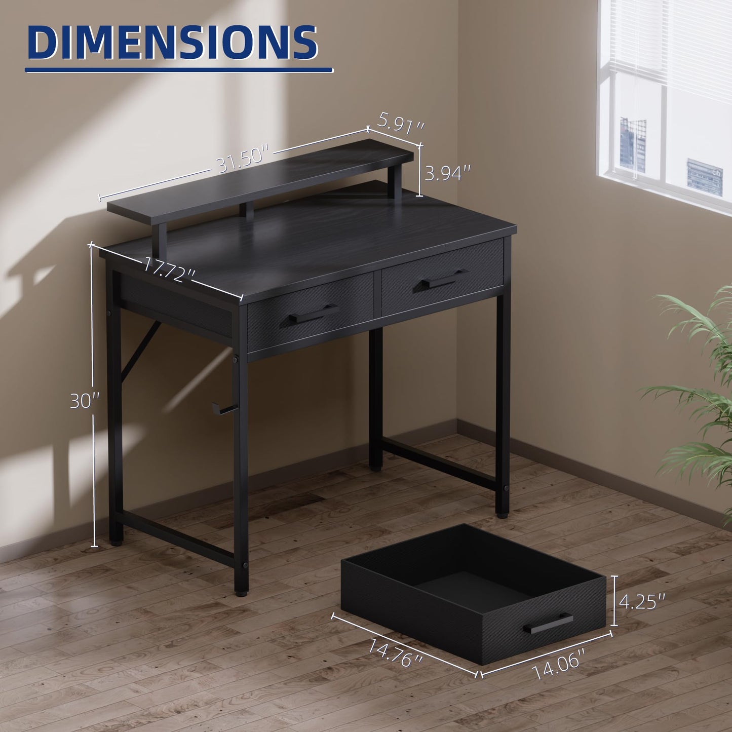 Pamray 32 Inch Small Computer Desk with Monitor Stand Home Office Desks with 2 Drawers for Bedroom Study Writing and Work Table for Small Spaces Black