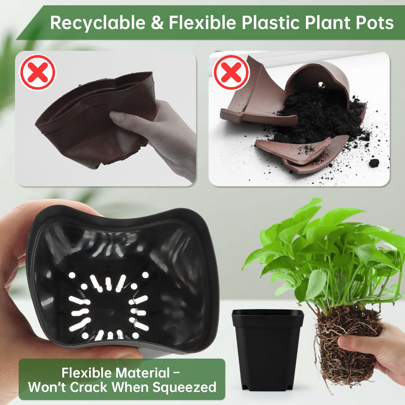 RooTrimmer 100 Pack Plant Nursery Pots 3.15 Inch, Durable Square Seedling Pots with Drainage Holes, Reusable Small Plastic Flower Pots for Seed Starting, Transplanting, Herb Garden