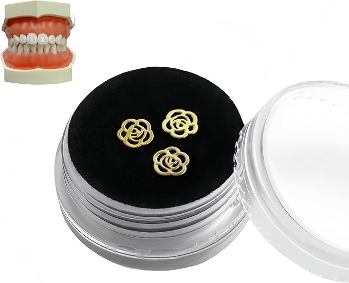 Tooth Gems Silver Alloy Ultra-Thin 3-Pack Reusable Trendy Spider Butterfly Rabbit Multi-Use Women Party Nail Art (Golden,Floral)