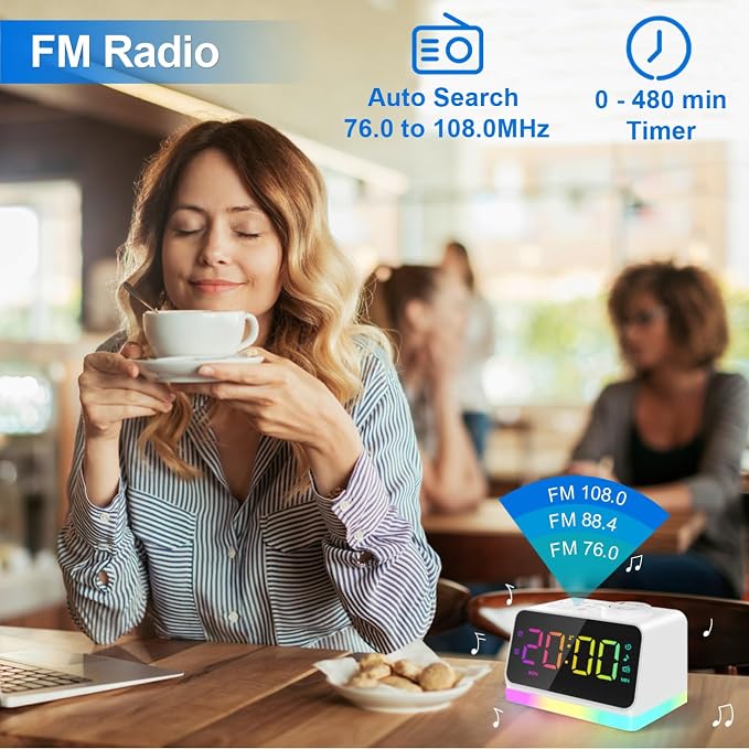 JALL Digital Alarm Clock with FM Radio for Bedroom, 8 Colors Night Light with 2 Charging Port, Sleep Sound Machines with Timer, Dual Alarm, Loud Alarm and Easy to Use for Seniors as Gift