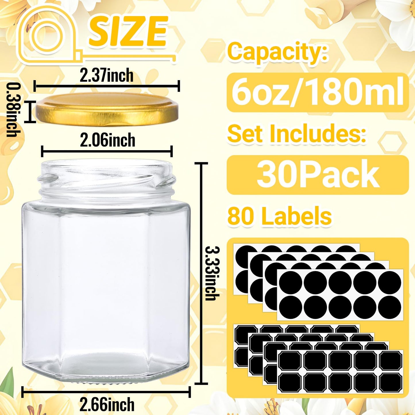 Haneye 6 oz Hexagon Glass Jars with Gold Lids, 30 Pack Honey Jars Canning Jars Small Spice Jars for Jelly, Herb, Jams, Candy, Wedding Favors, Includes Labels and Pen