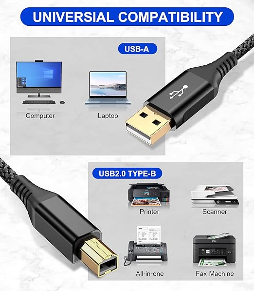 sweguard USB Printer Cable 6.6ft, Printer Cord USB 2.0 Type A Male to B Male Cable Scanner Cord High Speed Compatible with HP, Canon, Dell, Epson, Lexmark, Xerox, Samsung and More - Black