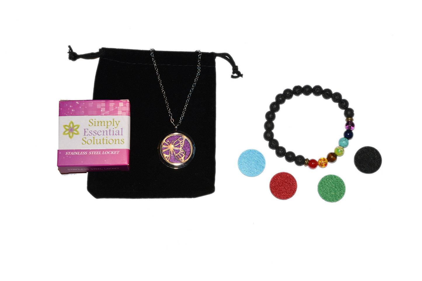Aromatherapy Essential Oil Diffuser Stainless Steel 30MM Silver Magnetic Locket Pendant with Chain Necklace and Colored Refill Pads & Diffuser Bracelet All in a Velvet Bag (butterfly1)