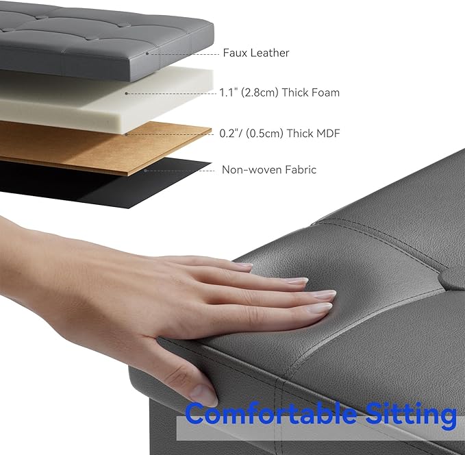 BRIAN & DANY 30 Inches Storage Ottoman Bench, Faux Leather Ottoman with Storage, Folding Bench Shoe, Foot Rest Stool, for Living Room, Gray