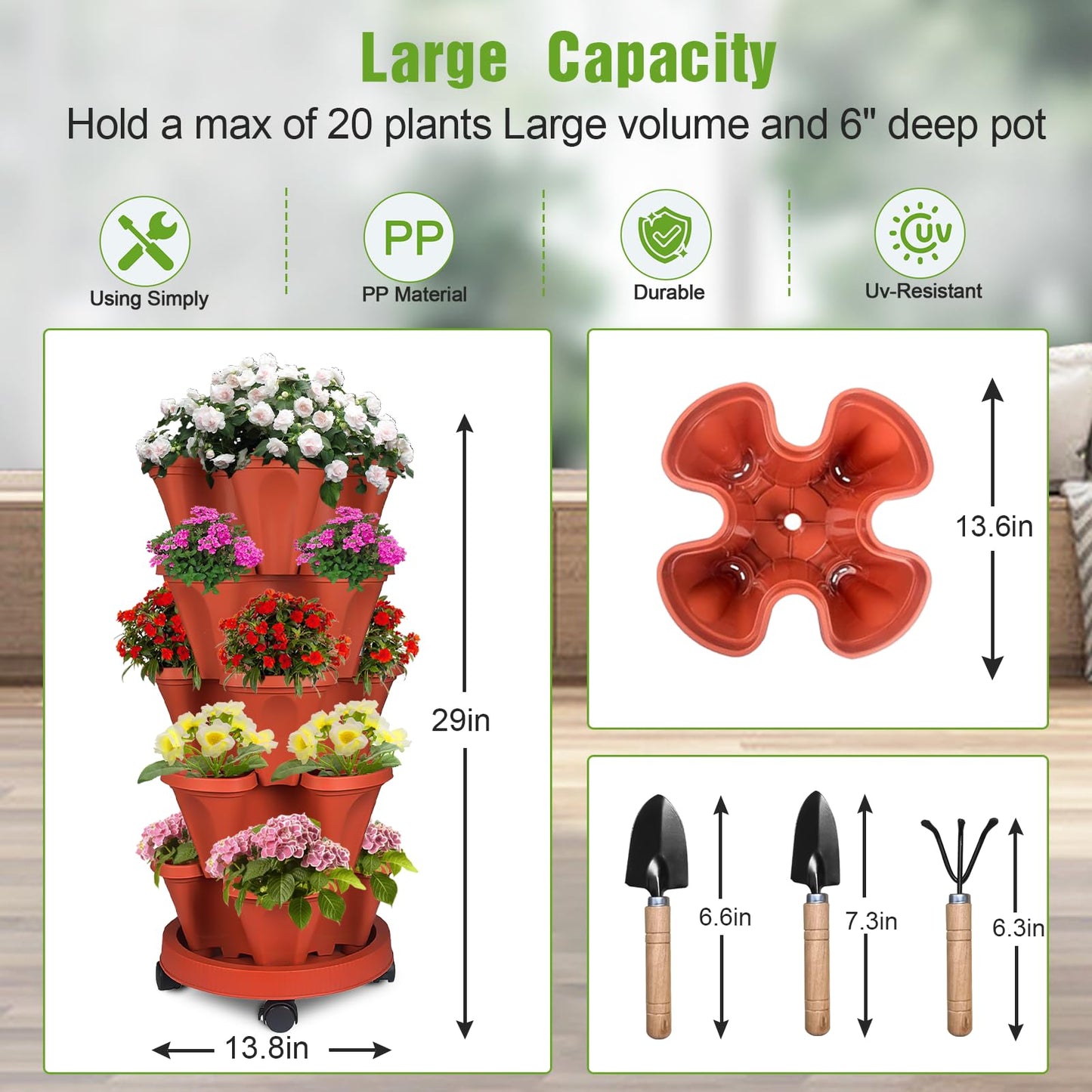 Bociks Vertical Strawberry Planter 5 Tier Stackable Tower Herb Planters Stacking Outdoor Garden Planters Pot With Tools Mover For Growing Flowers, Vegetables and Succulents