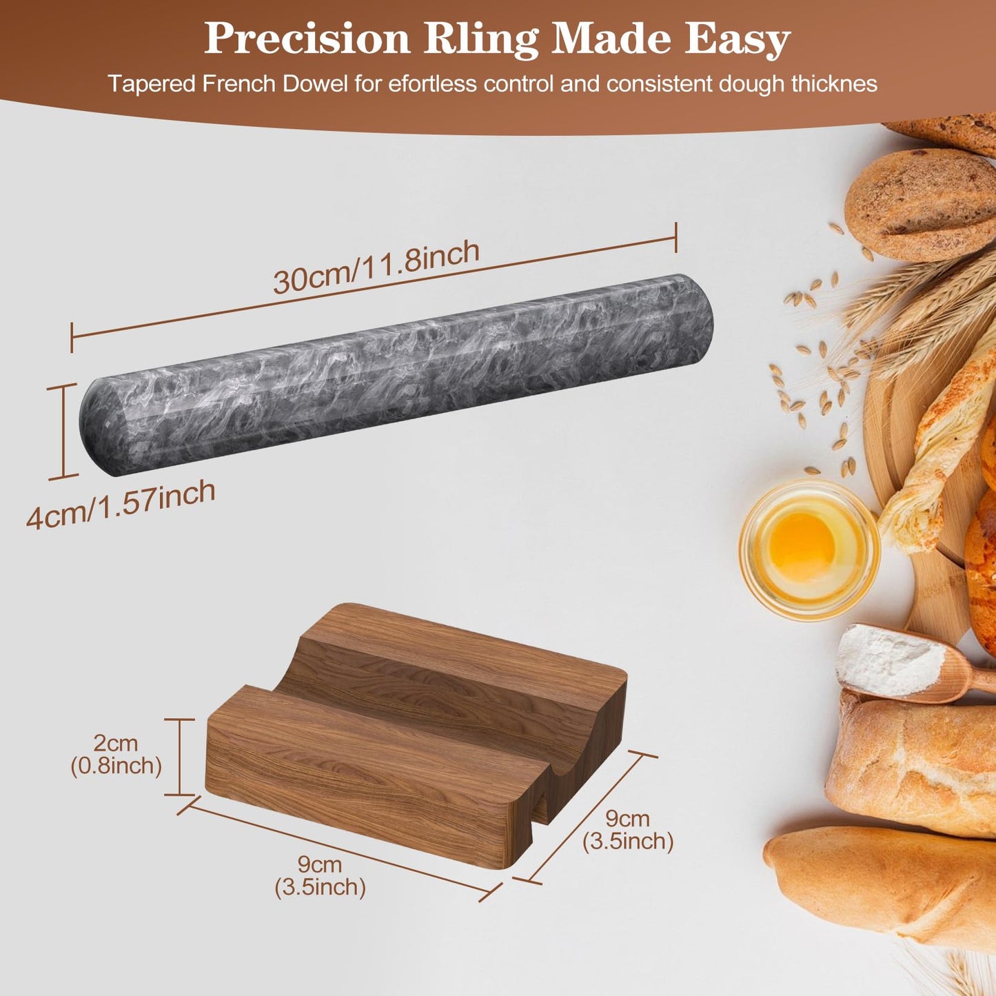 Marble Rolling Pin with Wooden Stand, FiiMan 12 Inch Heavy Rolling Pin for Dough, Stone French Polished Non-Stick Roller Pins For Baking Cookie Pizza Pastry (Black)