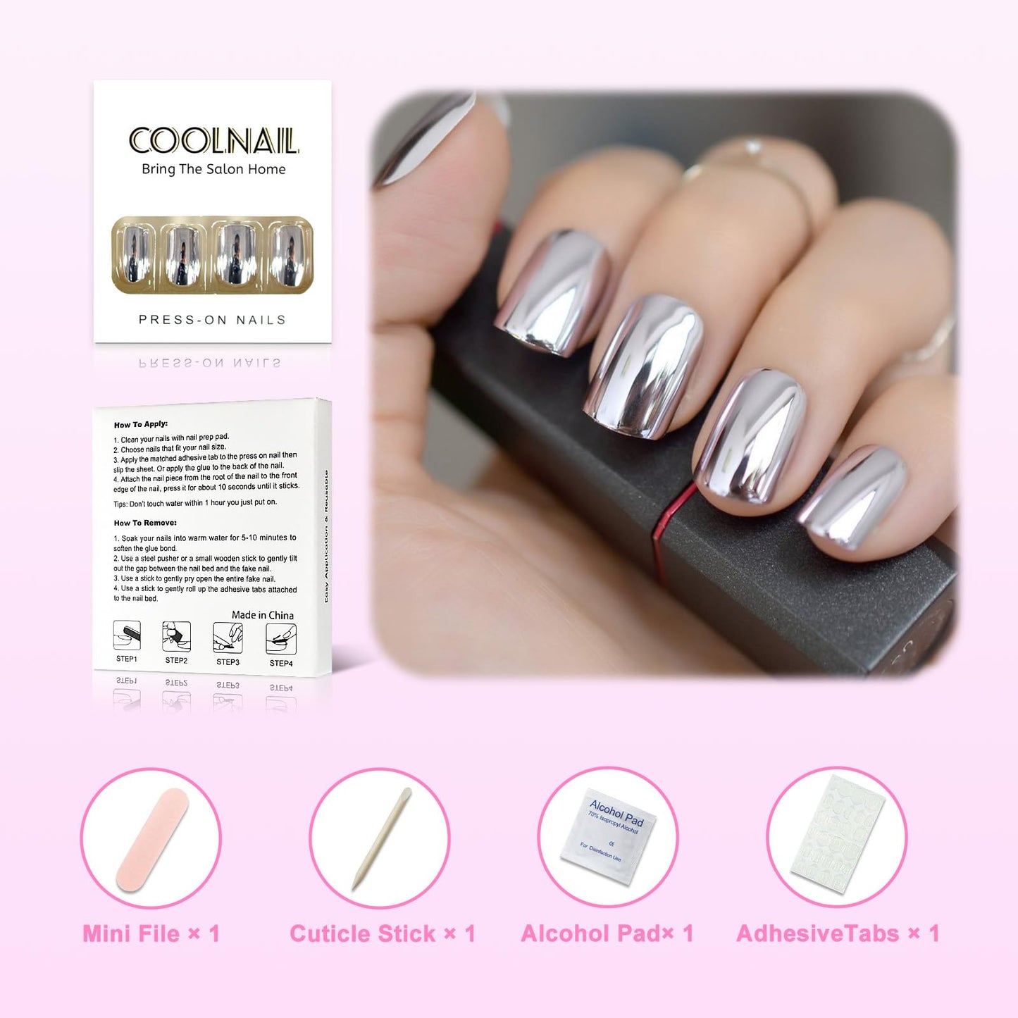 Coolnail Shiny Punk Style Metallic Light Purple False Fake Nails Metal Plating Acrylic Short Reflective Mirror Press on Nail Art Tips