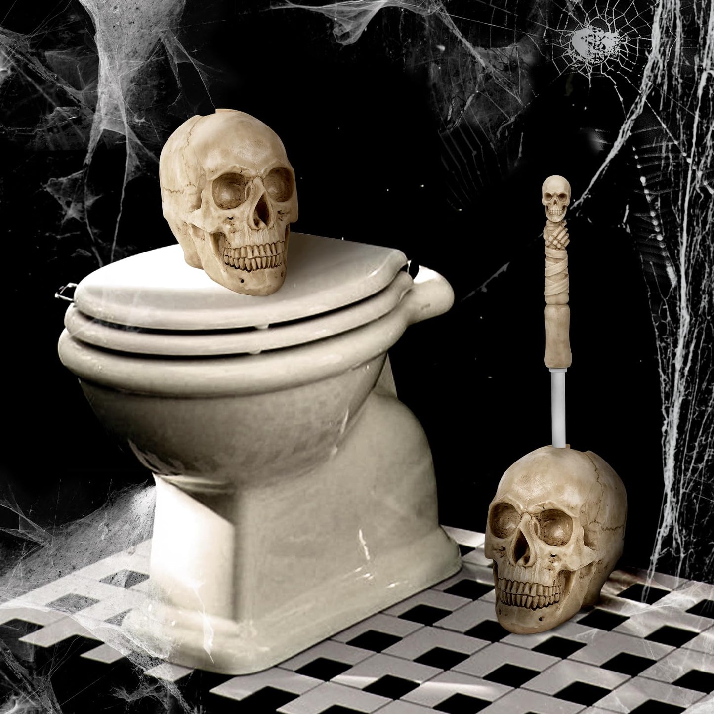 Toilet Brush and Holder Set for Bathroom,Skullduggery Skeleton Gothic Bathroom Decor Toilet Bowl Brush Set,Space Saving for Storage, Drip-Proof, Easy to Assemble, Deep Cleaning