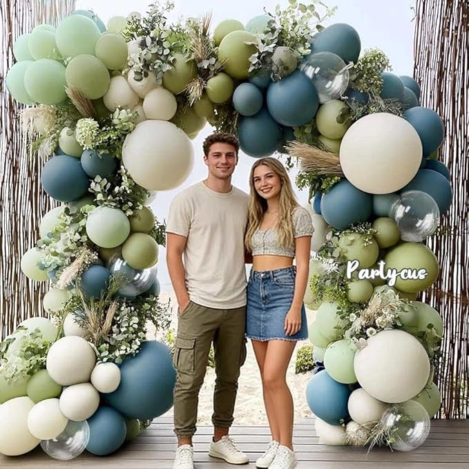 Dusty Blue & Mint Green Balloon Arch Kit, Double Stuffed with Clear Bobo – Slate Blue, Olive, White & Beige Latex Balloons for Baby Shower, Bridal & Wedding