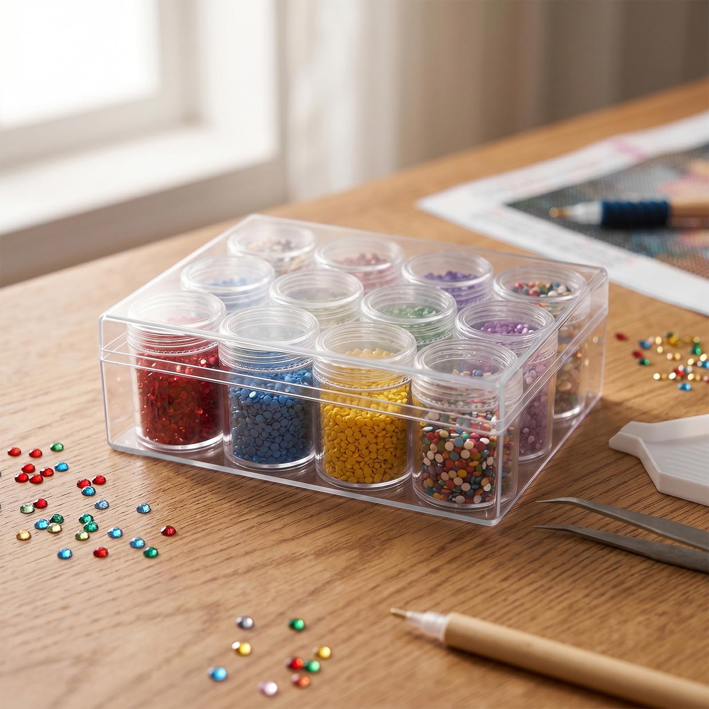 JEUIHAU 3 Pcs 12 Grid Clear Plastic Bead Storage Containers, Diamond Painting Storage Containers with Lid, Bead Art Organizer Case Jar for Jewelry Earrings, DIY Crafts, Nail Glitter, Small Items