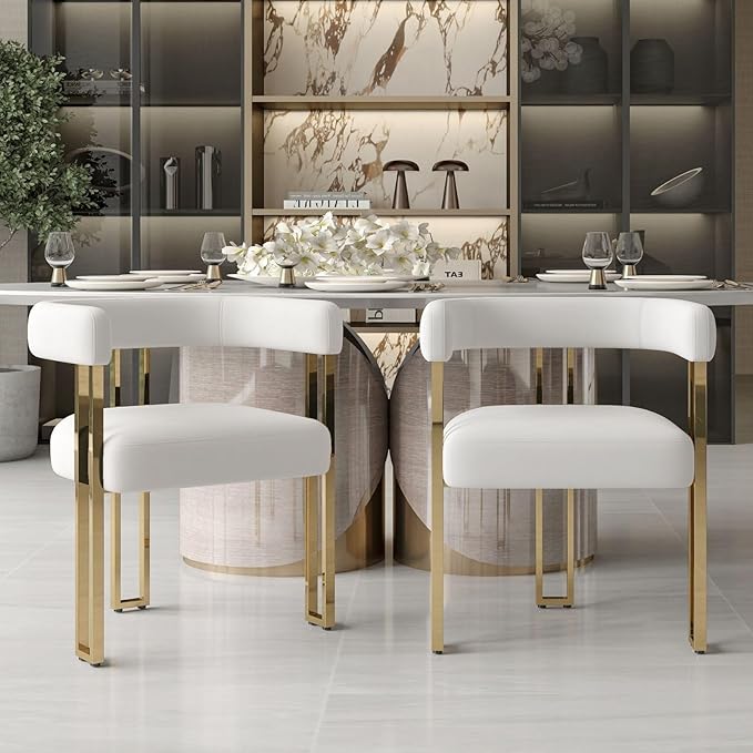 Beige and Gold Modern Dining Chairs Set of 2, Velvet Upholstered Barrel Armchairs with Metal Legs for Kitchen Island, Mid Century Accent Chairs for Dining Room Living Room, Open-Back