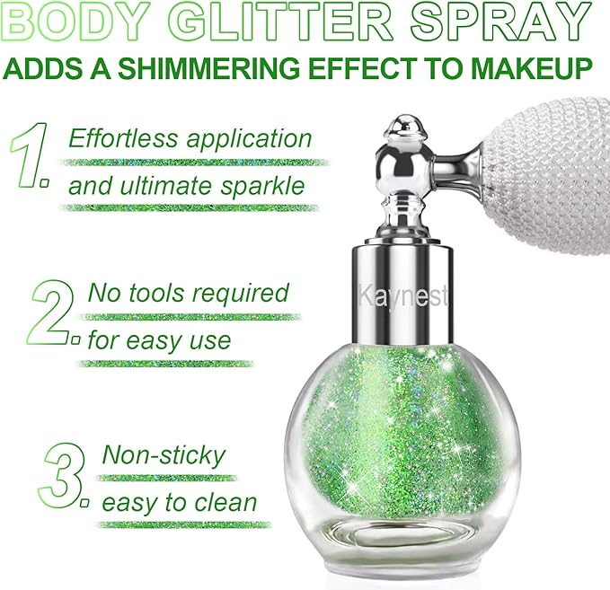 Highlighter Powder Spray, Longwear Glitter Spray for Body, Face, Hair, Shimmer Powder High Gloss Loose Powder Makeup Mist for Festive Party, Stage Shows, Nightclubs, Bar(Green)