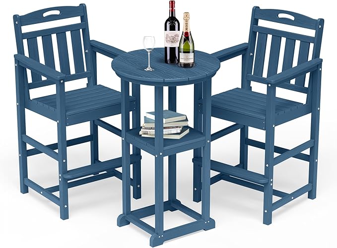 HDPE Outdoor Patio Bar Set with Bar Height Table and 2 Adirondack Chairs, All-Weather High Top Outside Round Pub Furniture for Bistro, Garden, Backyard, Deck | 3-Pieces, Navy Blue