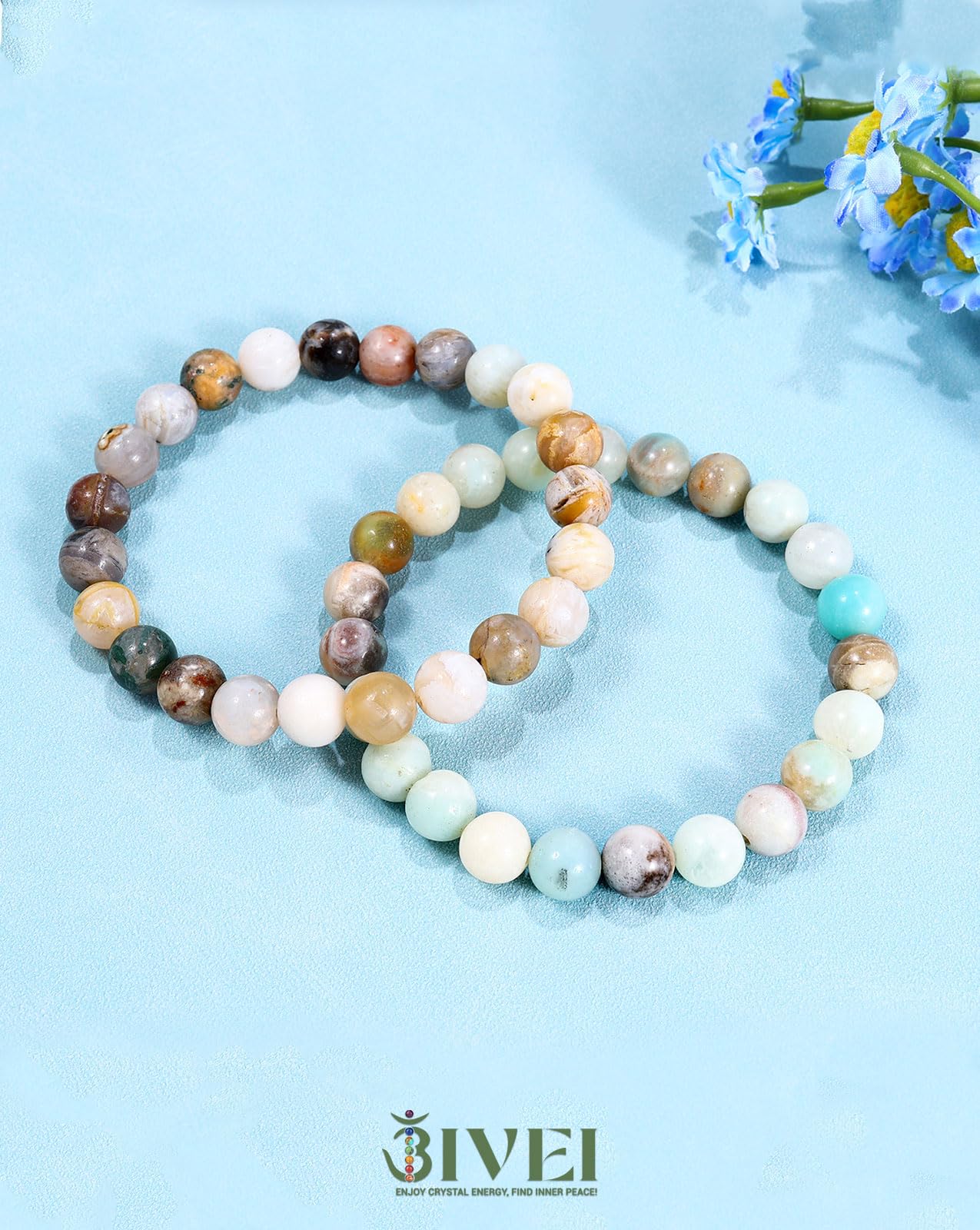Bivei Natural Gemstone Semi Precious Crystals Handmade Stretchy Round Beads Bracelet, Enhance Positive Energy,Stocking Stuffers for Women(Bamboo Leaf Agate & Amazonite (Good Luck) Large)