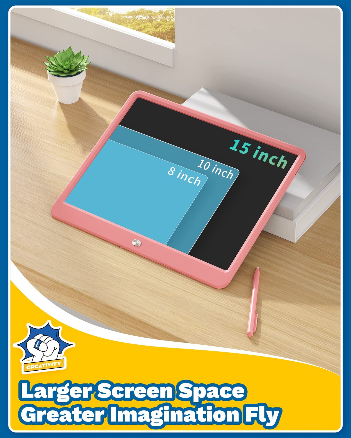 TEKFUN 15 Inch LCD Writing Tablet for Girls Ages 8–12, Large Drawing Tablet for Kids, Screen-Free Writing Pad for Learning & Quiet Time, Creative Christmas Gift for 8 9 10 Year Old Girl (Pink)