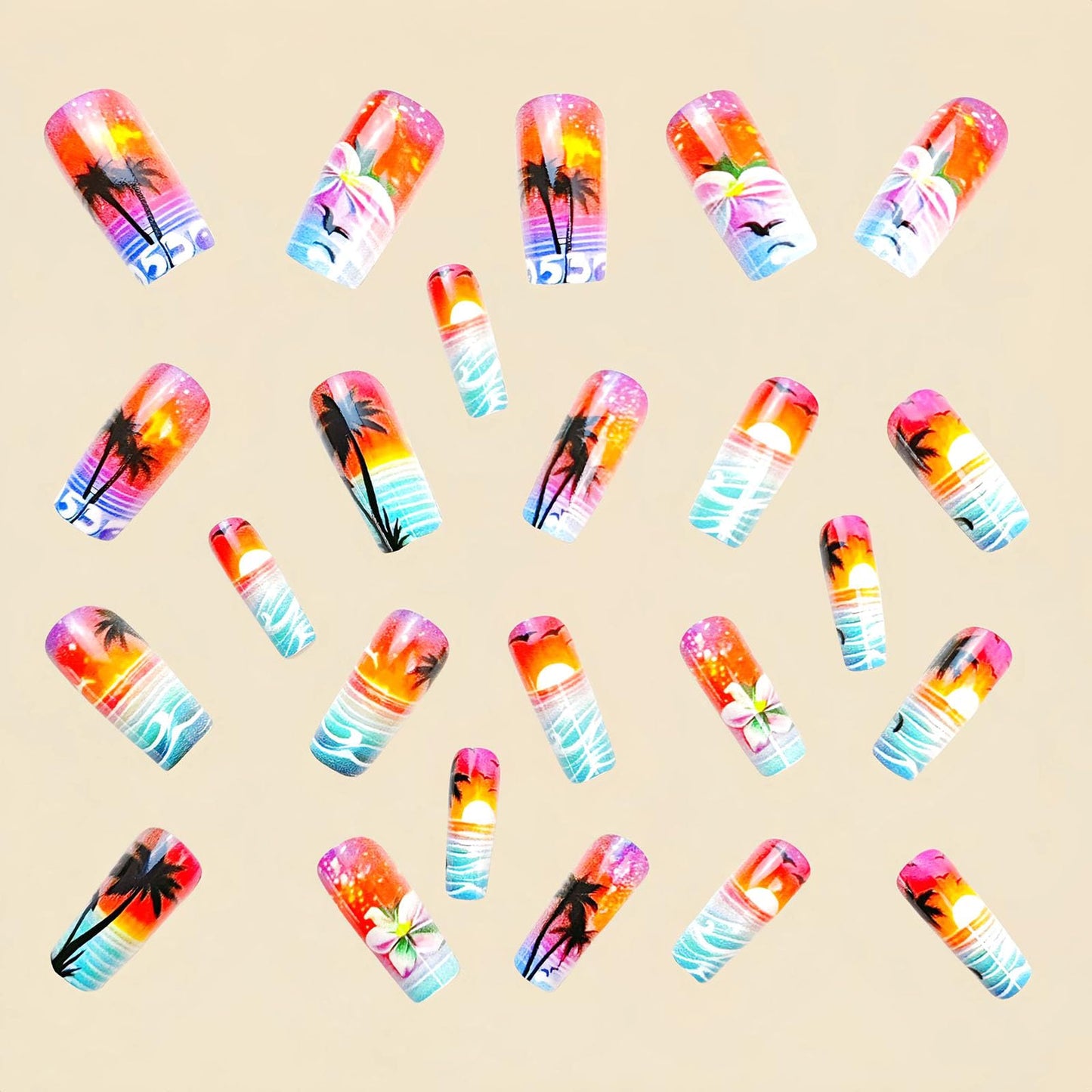 Summer Press on Nails Medium Square Fake Nails with Black Coconut Trees Color Flower Designs Glossy Glue on Nails Blue Gradient Nails Press ons Acrylic Nails Artificial Stick on Nails for Women 24Pcs
