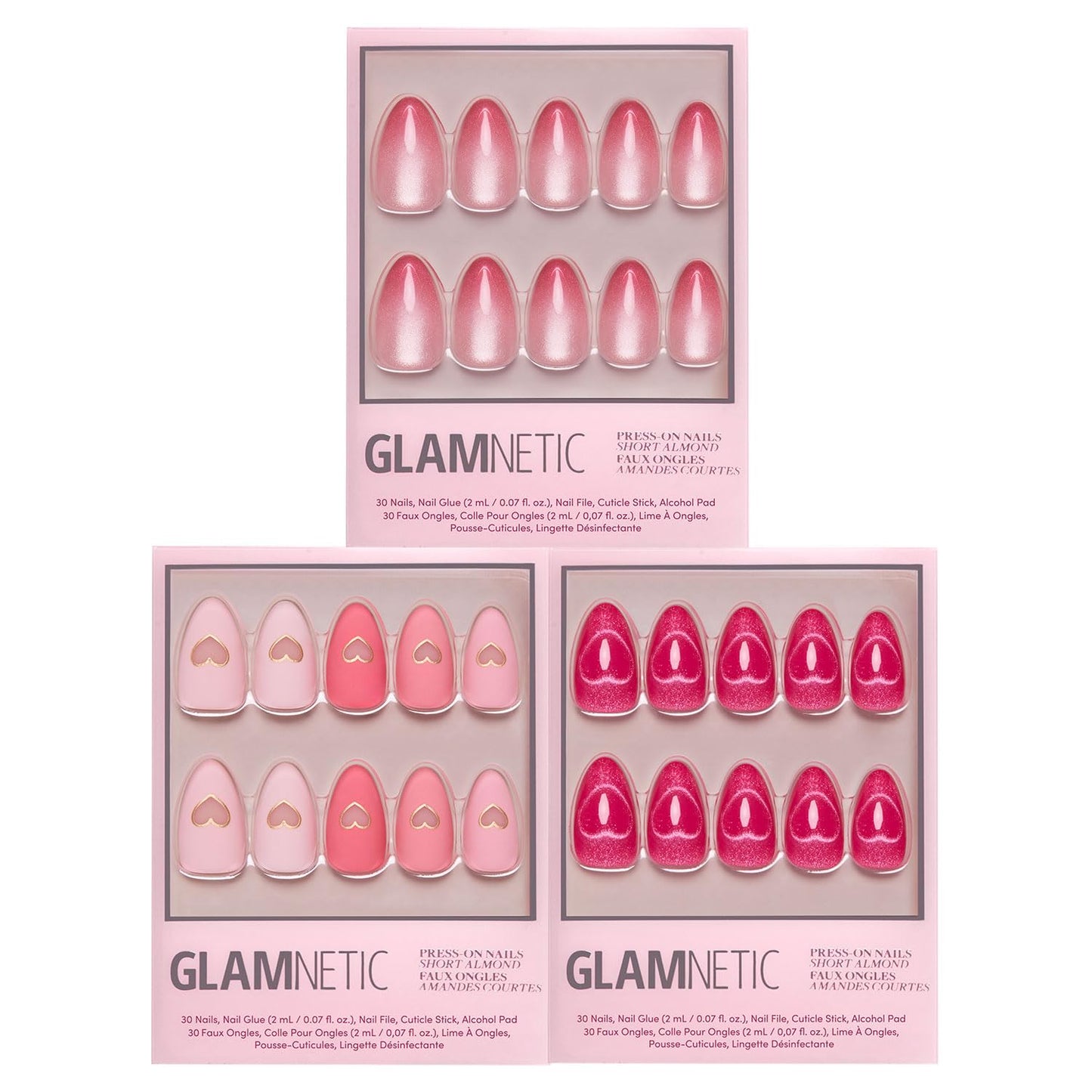 Glamnetic Press-On Nails Bundle - Think in Pink | 3 Short Almond Fake Nails Mixed Pink Hues in Ombré, Velvet & Matte Finishes | Durable, Salon-Quality Nail Kits