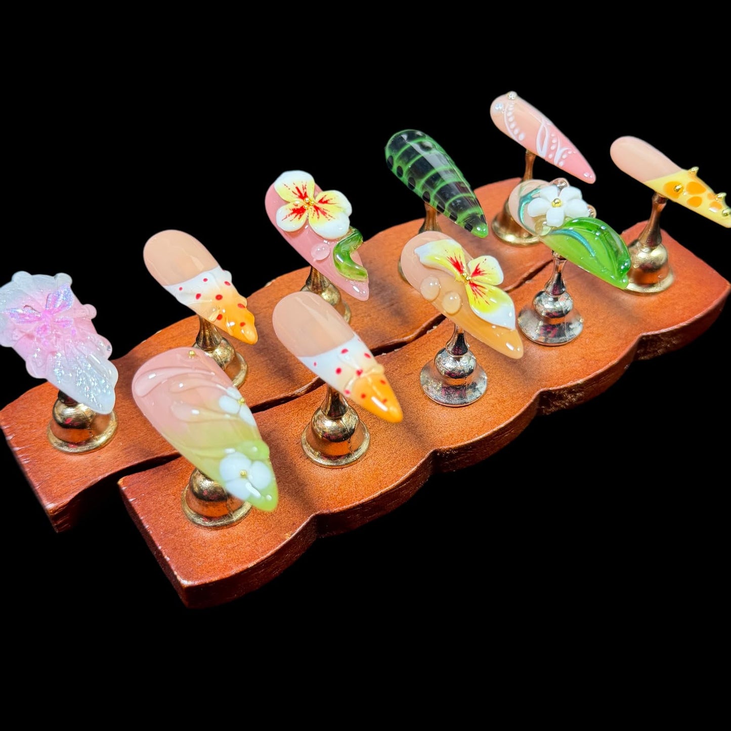 3D Floral Press On Nails – Handmade Stiletto Fake Nails with Butterfly, Gradient Ombre & Nail Art Design – Spring Summer Thick Acrylic Nail Set Tendril (S)