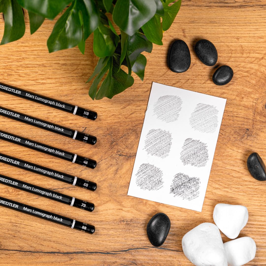 STAEDTLER Mars Lumograph Black Drawing Pencils Set: 6 Pack – Carbon Blend for Deep Black Tones, Professional Artists Pencils, 8B–HB Grades, Storage Tin, For Sketching, Shading & Fine Art Drawing