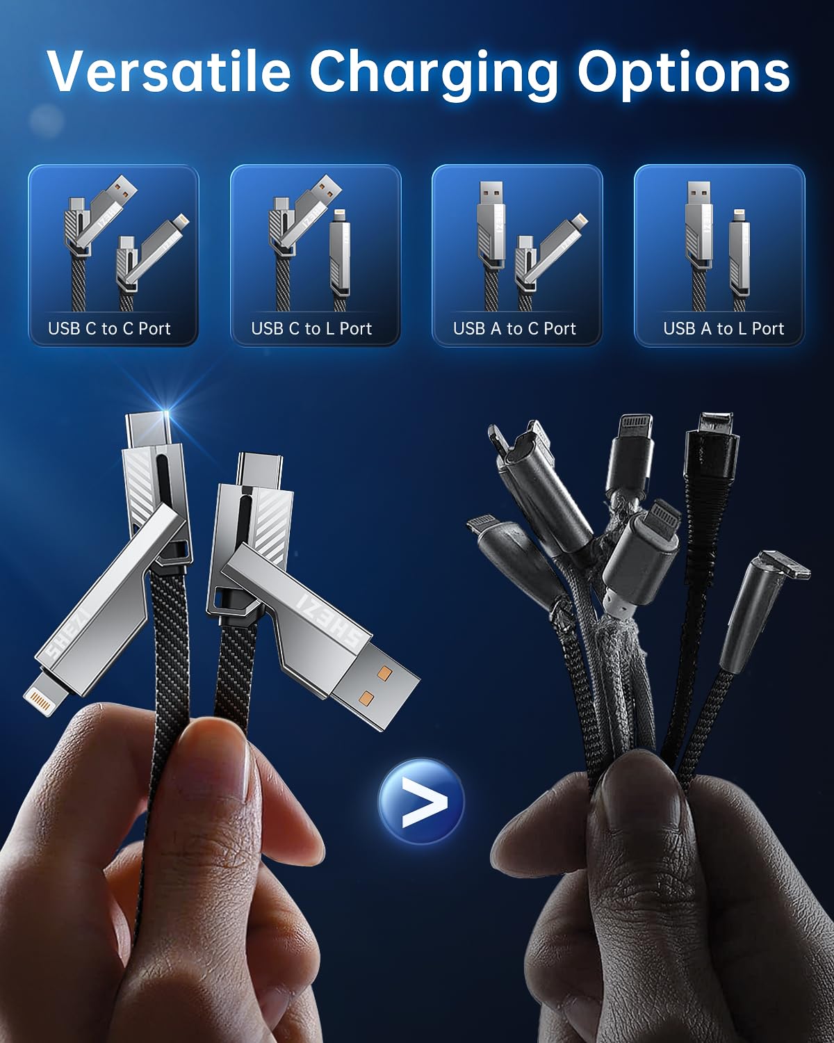 [One is Enough]4-in-1 USB C to Lightning Cable, 46W High-Speed Charging & Fast Data Transfer,CarPlay & Android Auto Support Multi Charger Cord Combo Lightning/Type C/USB A for iPhone/Samsung/iPad,5FT