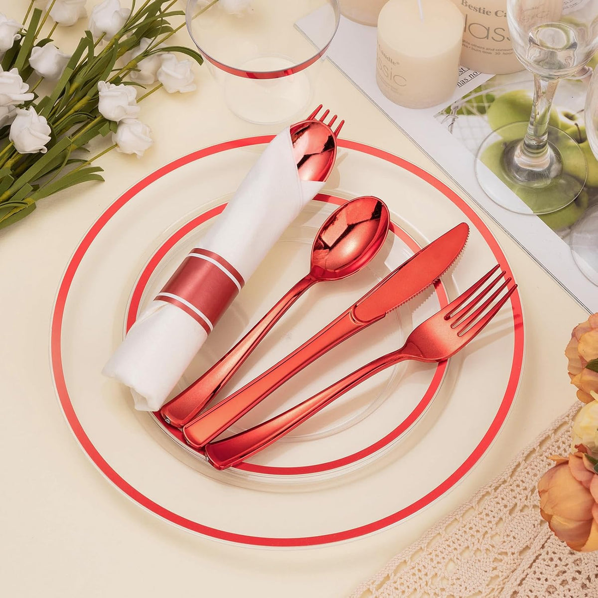 175PCS Clear and Red Disposable Plates Set for 25 Guests, 50 Plastic Plates, 25 Cups, 25 Pre-Rolled Napkins with Plastic Cutlery for Party, Birthday, Thanksgiving, Halloween, Christmas