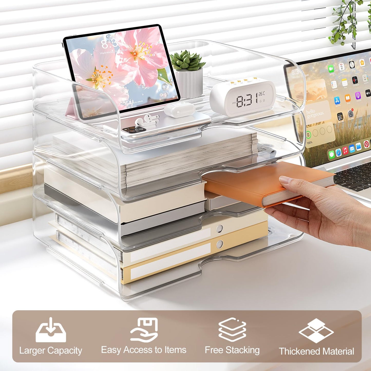 NUOGIC 4-Tier Large-Capacity Paper Organizer, Clear Stackable Desk Organizer & Acrylic Paper Tray, Transparent & Easy Access,Desk File Organizer for Home Office & School