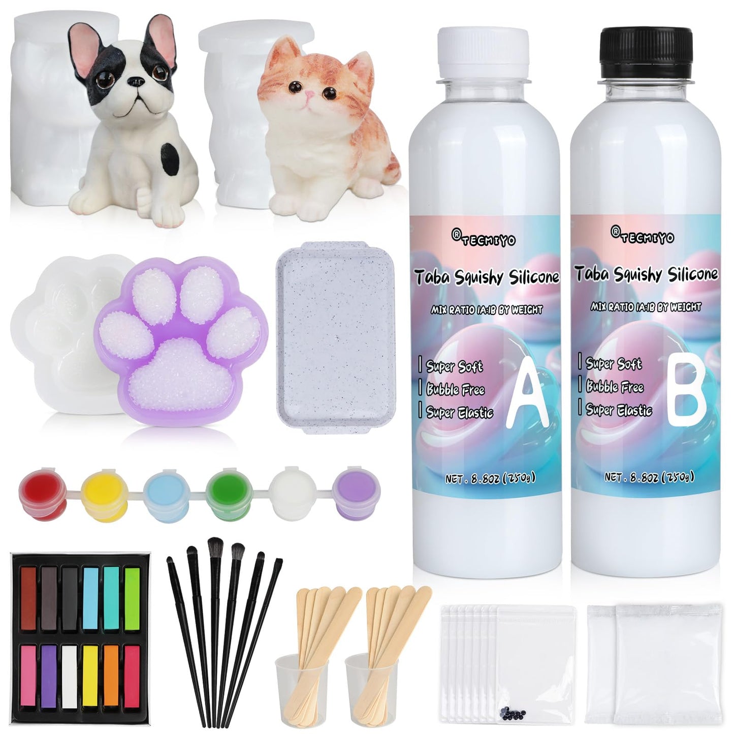 TECMIYO Taba Squishy Making Kit - 18oz 1:1AB Liquid Silicone Set with Paw, Cat and Dog Molds for Handmade Painting - Paint Your Own Squishies