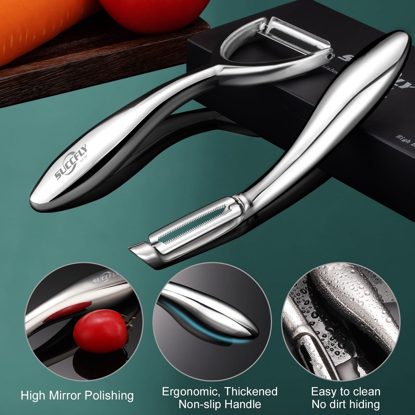 SUCCFLY Vegetable Peeler Stainless Steel, Premium Potato Peelers for Kitchen, Veggie Fruit Peeler, Apple Carrot Cucumber Peeler，Ultra Sharp Rotary Blade, Heavy Duty Ergonomic Handle (5-year warranty）