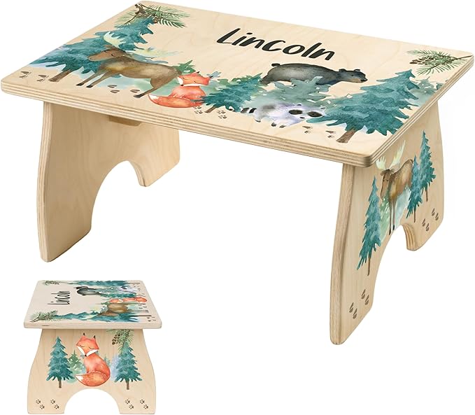 Step Stool for Toddlers- Personalized Wood Kids Step Stool with Name for Kitchen Sink, Bathroom, Potty Training, Toilet, Kitchen Sink- Sturdy and Safe- Made in USA by BloomOwl (Woodland Friends)