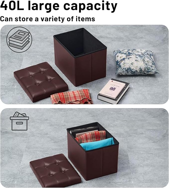 Storage Ottoman Foot Rest Stool, Small Leather Storage Ottomans Bench, Folding Footstool with Side Pockets, Foot Rest Under Desk for Living Room Bedroom, 16x12x12 in, Brown