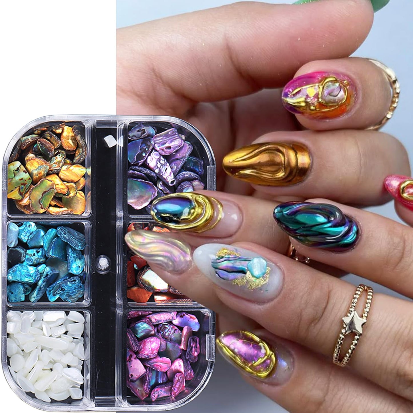 6 Grids Colorful Abalone Shell Stone Nail Gems and Charms 3D Irregular Stone Nail Charms Abalone Shell Texture Designs Nail Rhinestones Colorful Gems Nail Jewelry for Women DIY Manicure Crafts